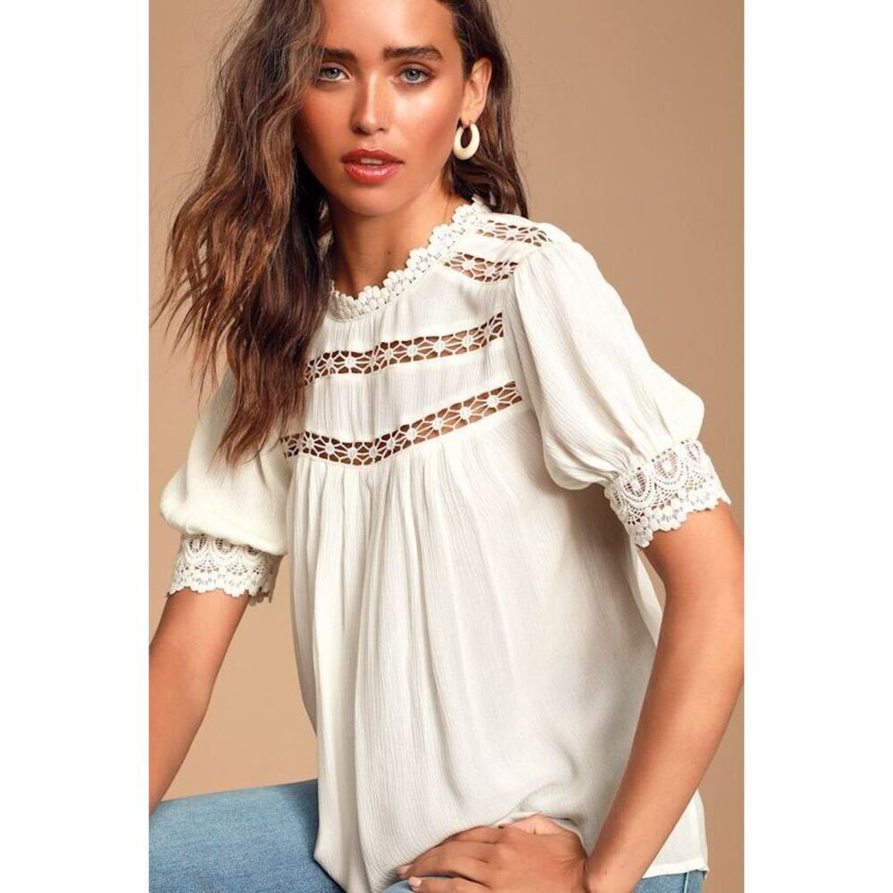 Lulus Always True White Crochet Lace Short Sleeve Top - Size L